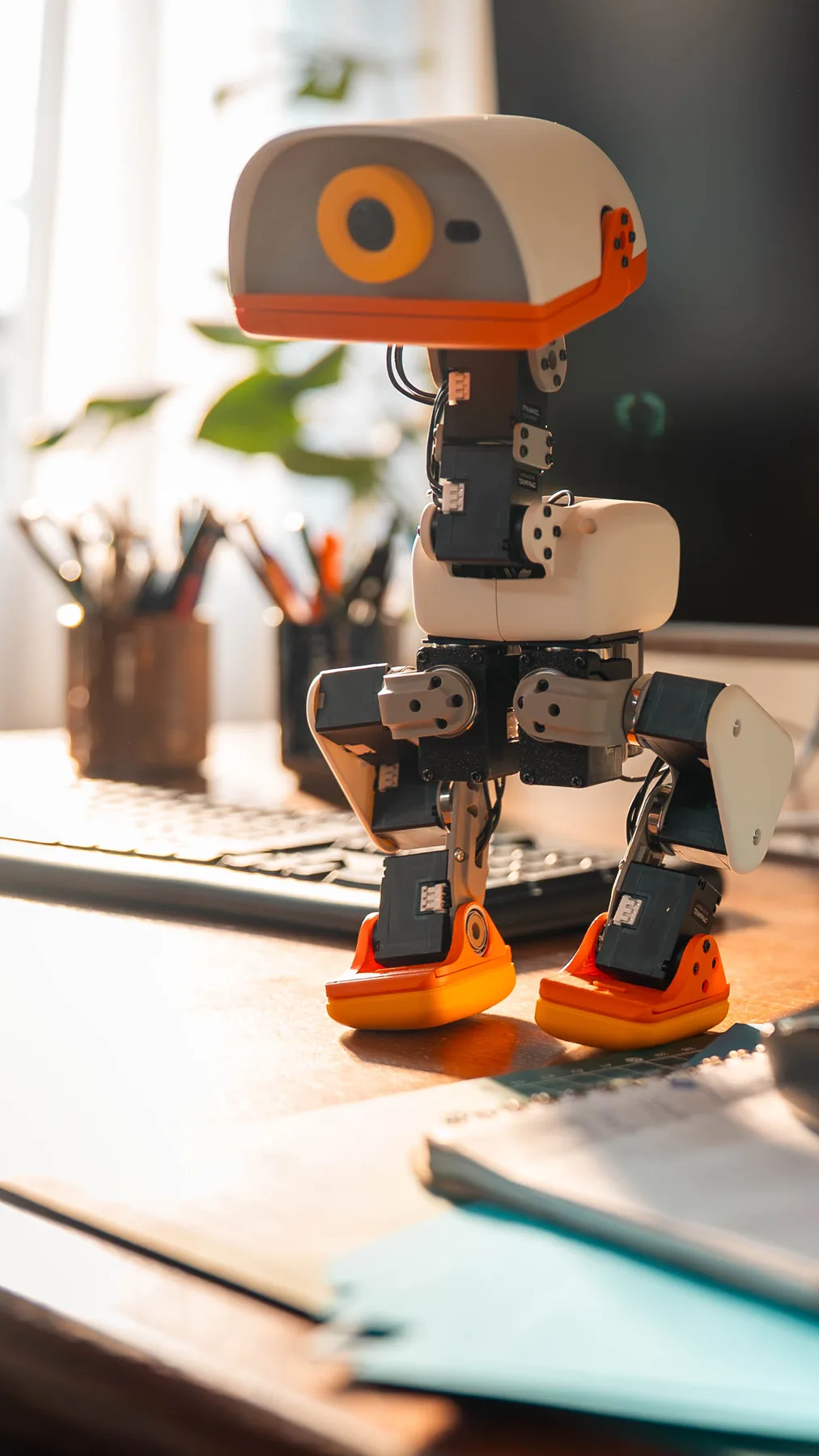 A cream Microduck robot standing on a desk beside a monitor and game controller
